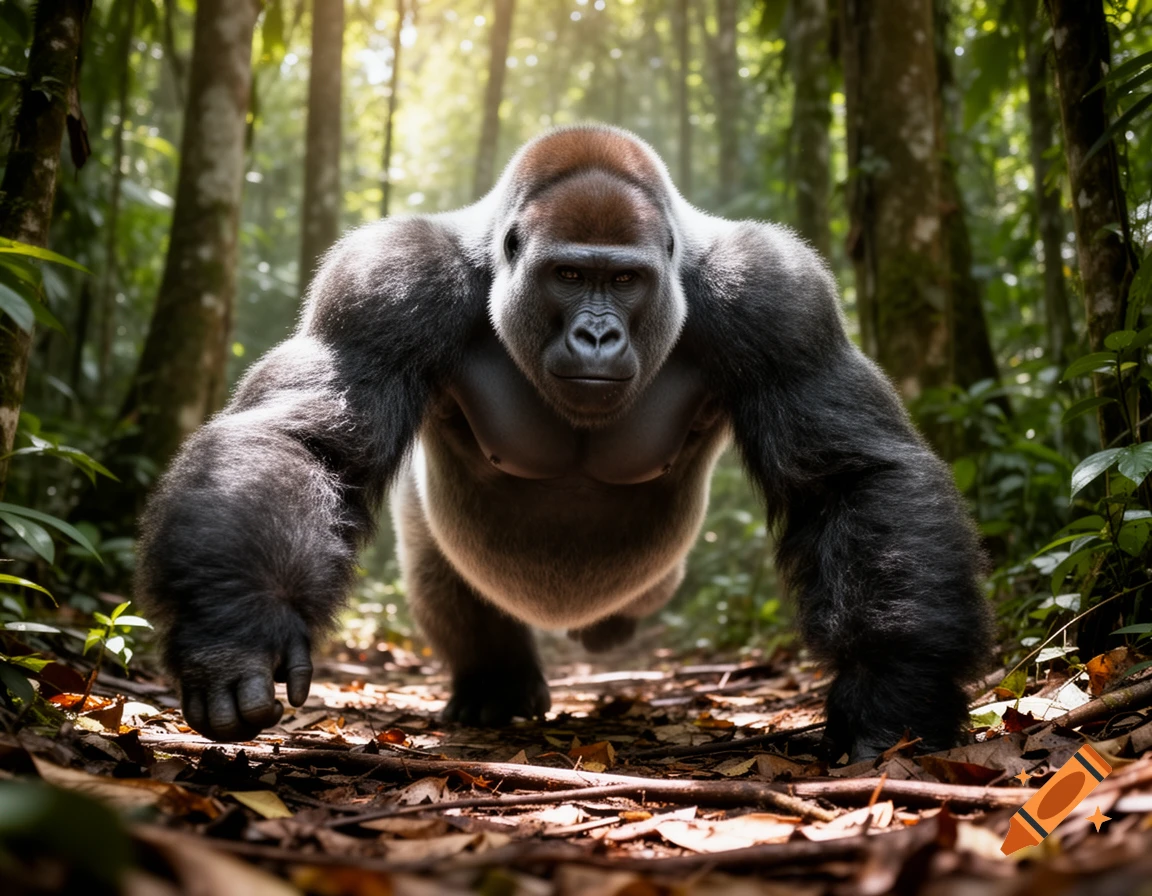 A powerful silverback gorilla in a lush, sunlit jungle, shown from a low angle as it moves forward on its knuckles.