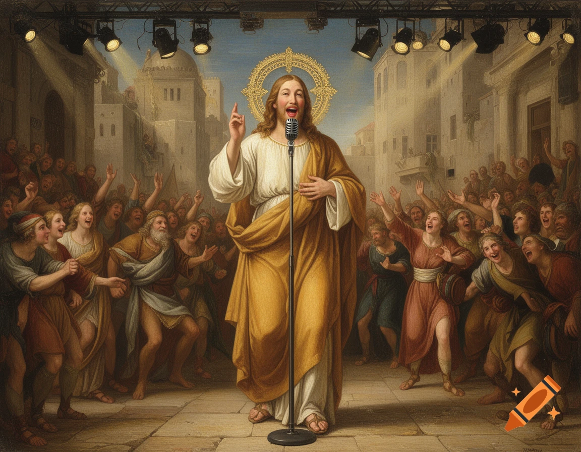 Renaissance painting of Jesus Christ singing into a microphone on a stage in an outdoor square, surrounded by a cheering crowd.