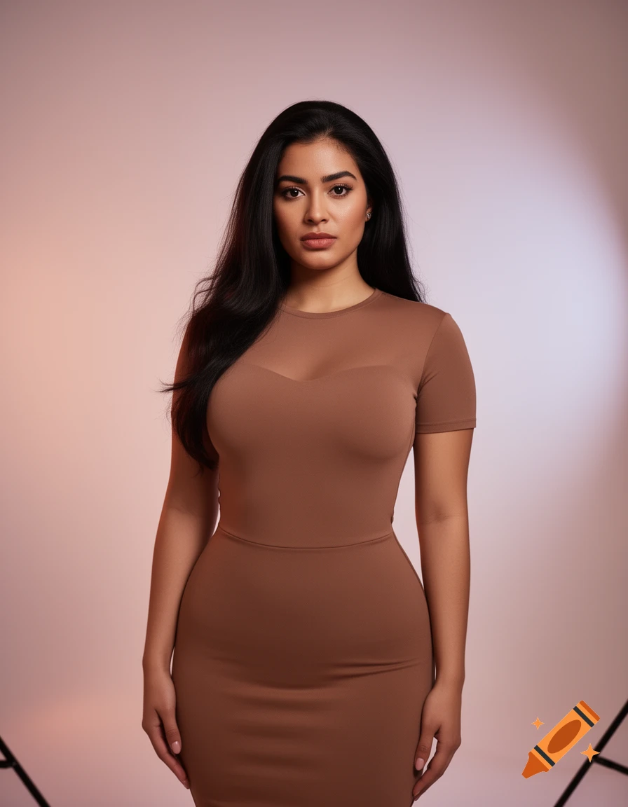 A woman with long dark hair in a form-fitting brown dress poses against a soft-lit background.