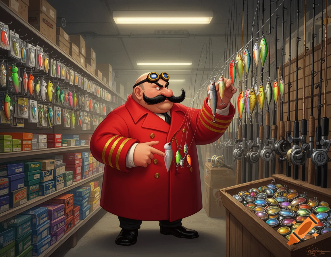 Dr. Eggman, a stout man with a large mustache and goggles, in a red uniform, stands in a fishing supply store examining lures. Shelves of packaged lures and boxes line the wall, and fishing rods hang nearby. A wooden box filled with lures is on the floor.