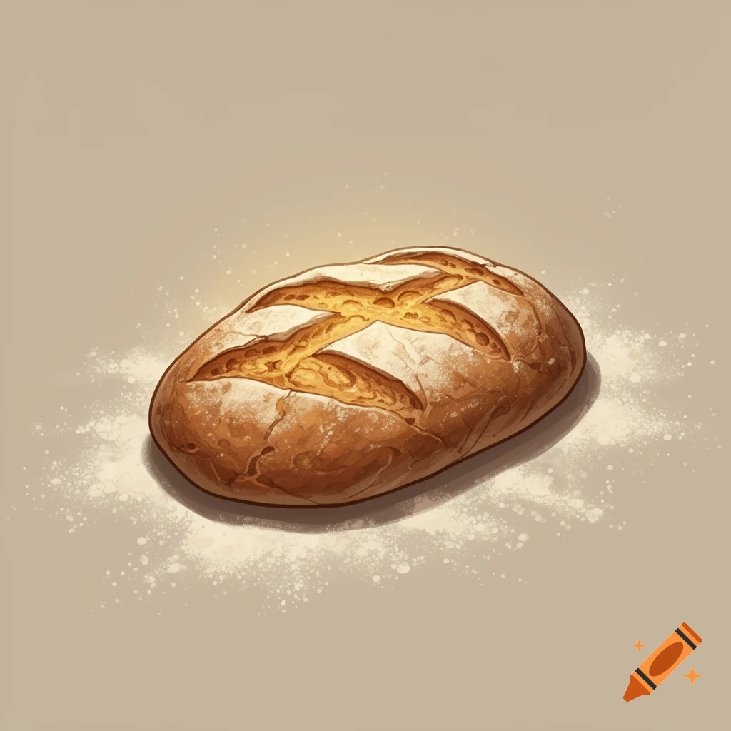 A stylized loaf of medieval bread, dusted with flour, against a light background, in a 2D game art style.