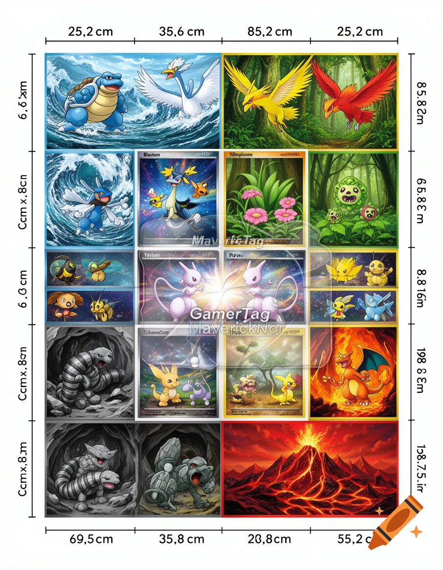 A mosaic poster made of 16 Pokémon cards, featuring various Pokémon like Blastoise, Articuno, Zapdos, Moltres, Mewtwo, Mew, Onix, and Charizard across different habitats. "GamerTag MaverickNor" is inscribed in the center.