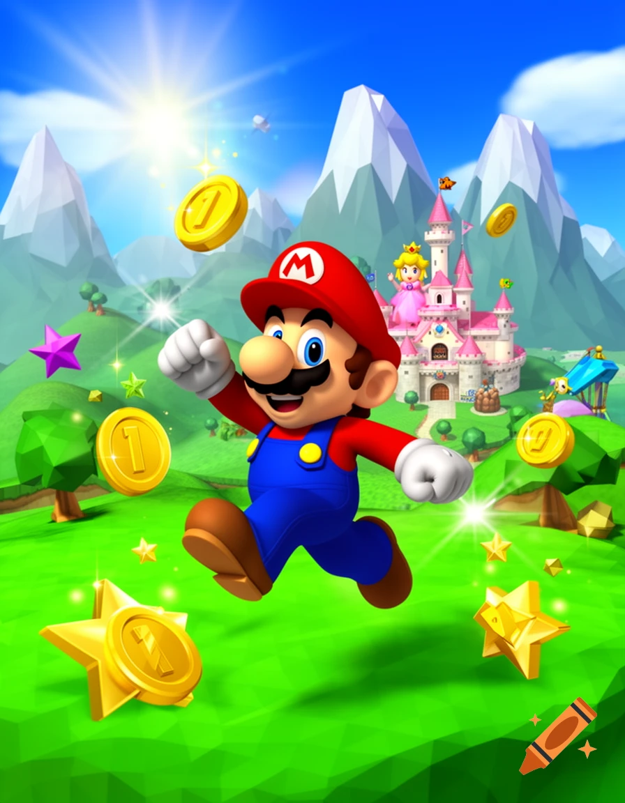 Super Mario runs through a vibrant green landscape with mountains, a pink castle, and floating gold coins and stars under a bright sun.