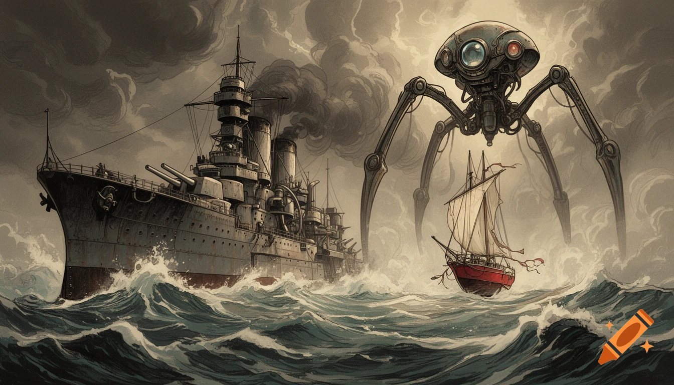 A Dieselpunk battleship, a giant Martian tripod, and a small red yacht in stormy seas, rendered in a comic book illustration style.