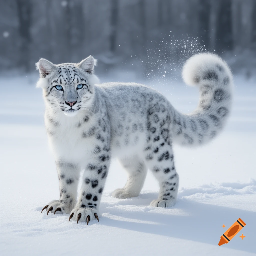 A fluffy white snow leopard-like creature with blue eyes and sharp claws stands in a snowy forest.