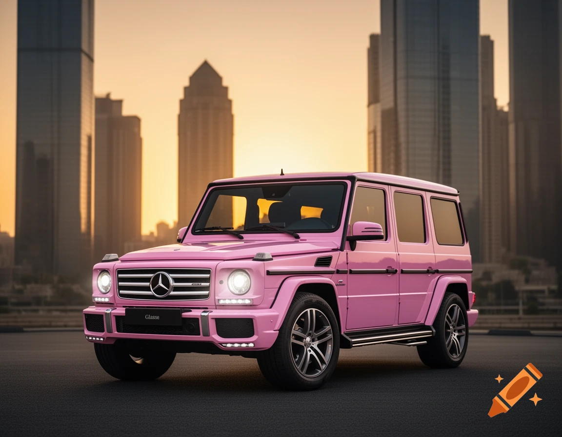 A vibrant pink Mercedes-Benz G-Wagen parked on a street with a city skyline at sunset, photorealistic style.