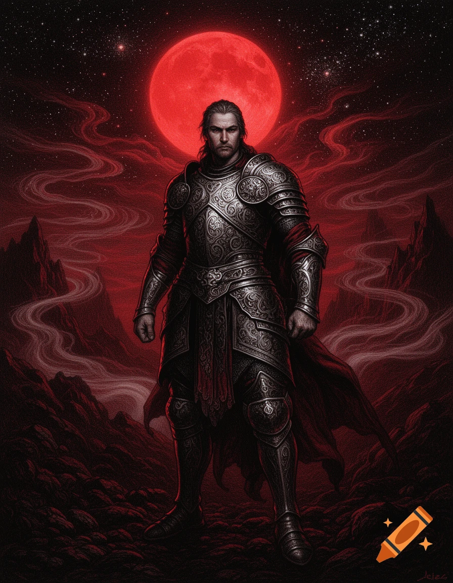 A heavily armored warrior with long hair stands under a large, ominous red moon in a dark red, desolate, rocky landscape.