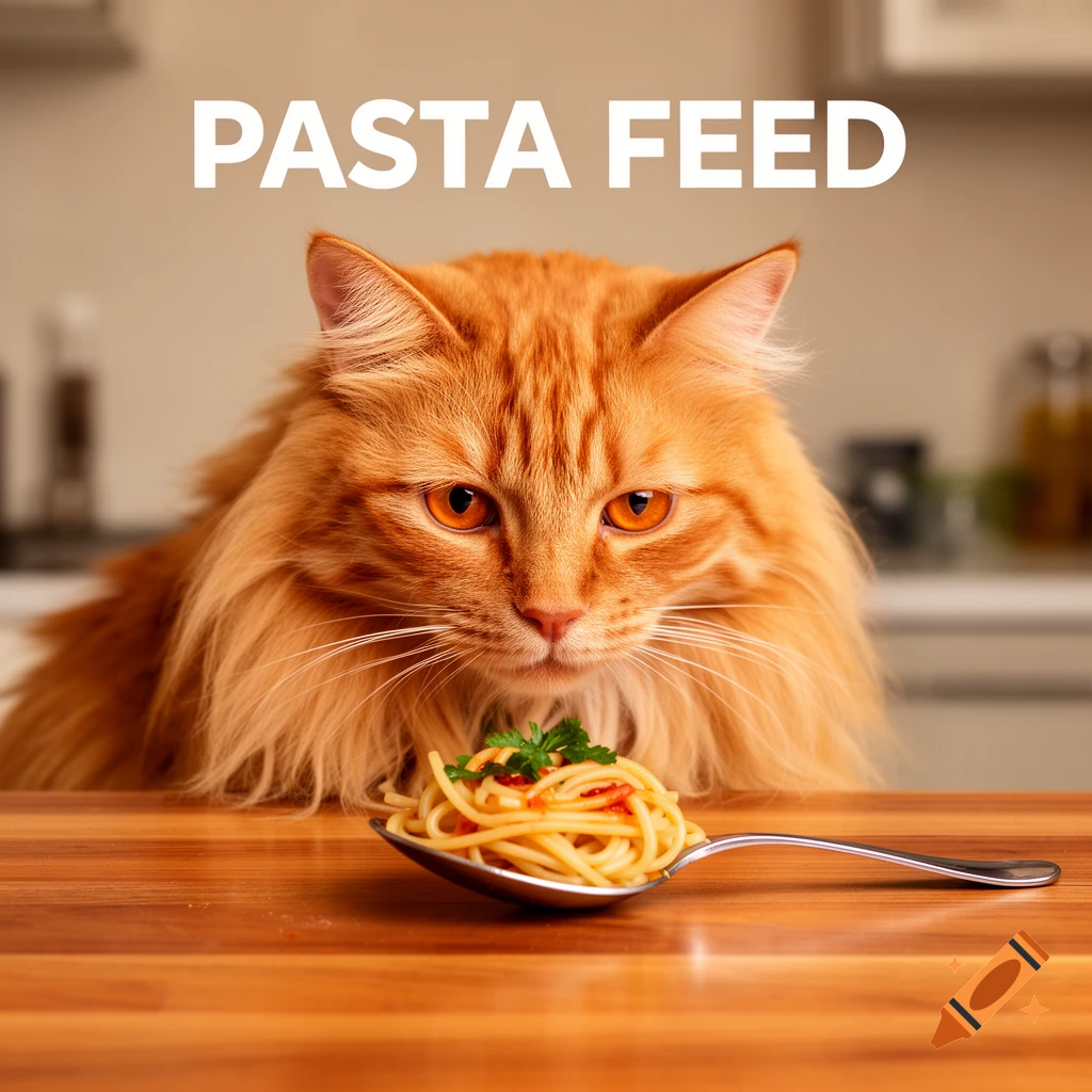 An orange cat with long fur and orange eyes looks intently at a spoon of spaghetti on a wooden table. Text reads "PASTA FEED".