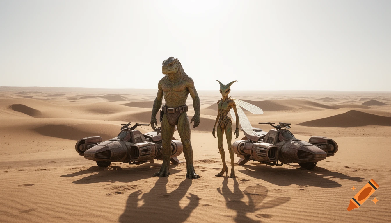 A reptilian alien and an insectoid alien stand with speeder bikes on a vast desert planet.