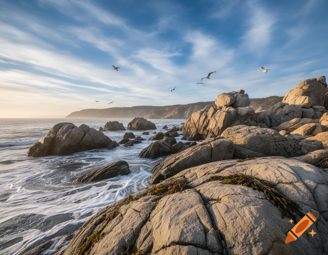Photorealistic image of a rocky beach with waves crashing, seagulls flying under a partly cloudy sky, and distant cliffs.