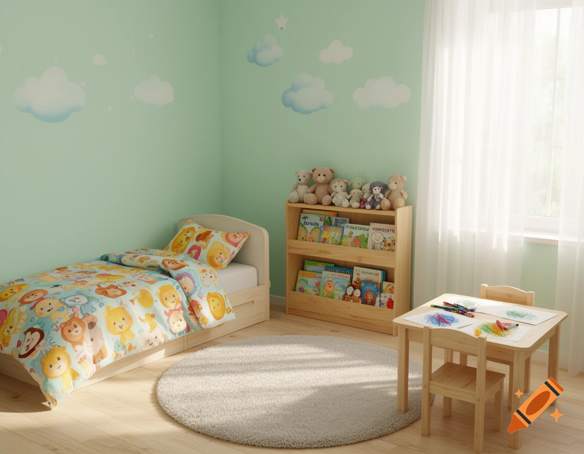 A brightly lit child's bedroom with a bed featuring a colorful animal print duvet, a wooden bookshelf with toys and books, and a small table with chairs and drawings.