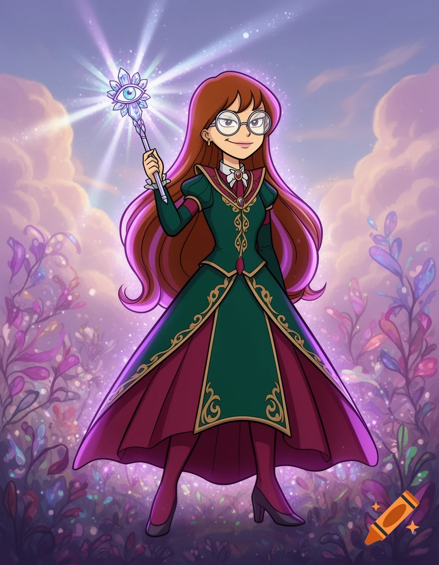 Cartoon Daria Morgendorffer as a magical girl in a green dress, holding a glowing staff with an eye, in a vibrant fantasy garden.