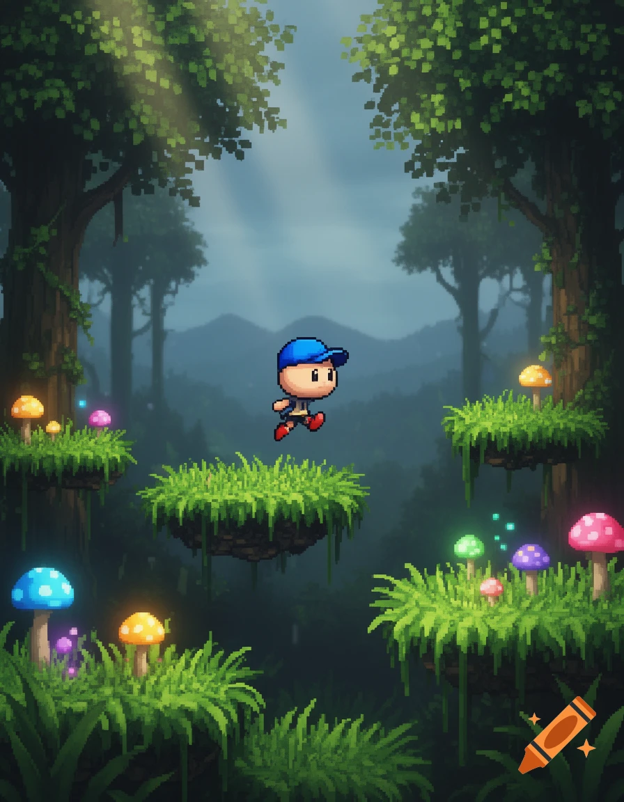 A pixel art character with a blue cap jumps over a floating grassy platform in a fantasy forest with glowing mushrooms.