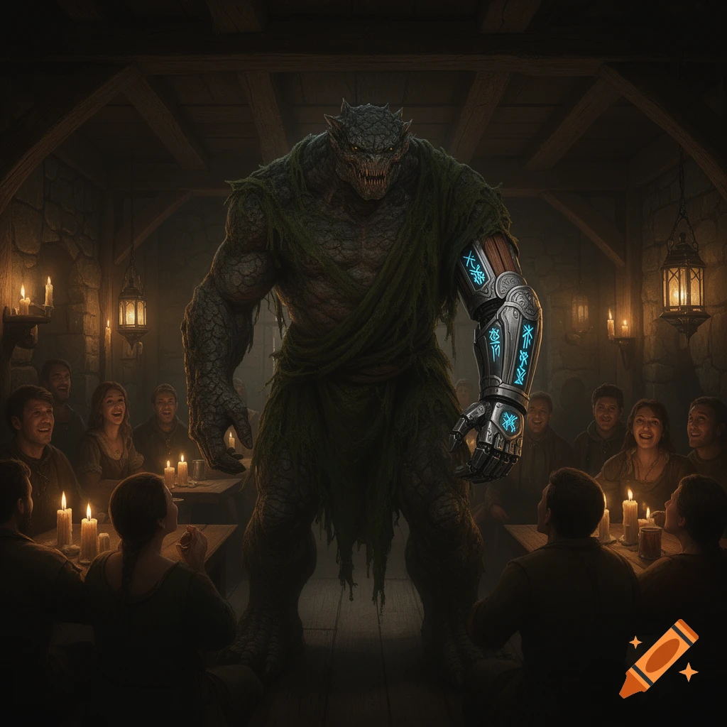 A large reptilian monster with a glowing cybernetic arm stands in a candlelit medieval tavern, surrounded by smiling people.