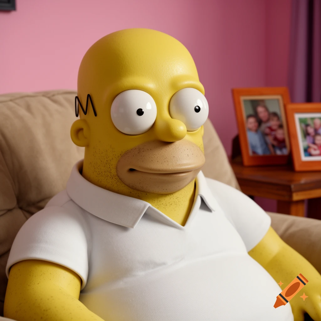 A 3D realistic render of Homer Simpson with textured skin and stubble, sitting on a couch, wearing a white polo shirt, with blurred family photos in the background.