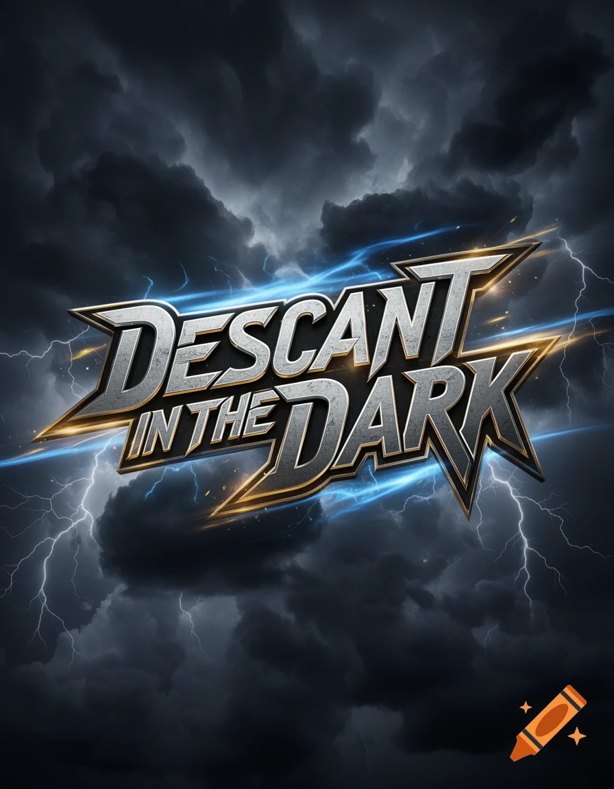 A metallic silver and gold rock band logo 'DESCANT IN THE DARK' with blue lightning accents, set against a dark, stormy sky.