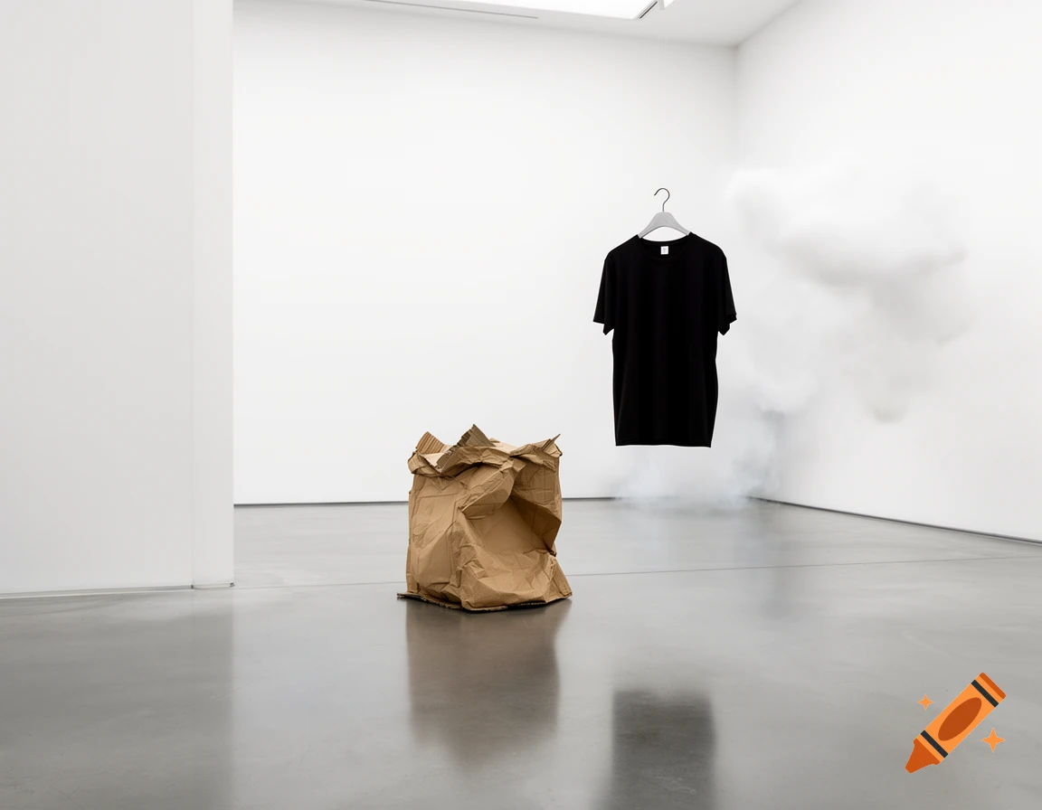 A contemporary art installation in a minimalist museum, featuring a crumpled cardboard box, a floating black t-shirt on a hanger, and white smoke.