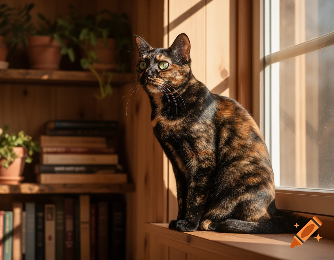 A photorealistic tortoiseshell cat with green eyes sits on a sunny windowsill, looking up, with blurred bookshelves behind.