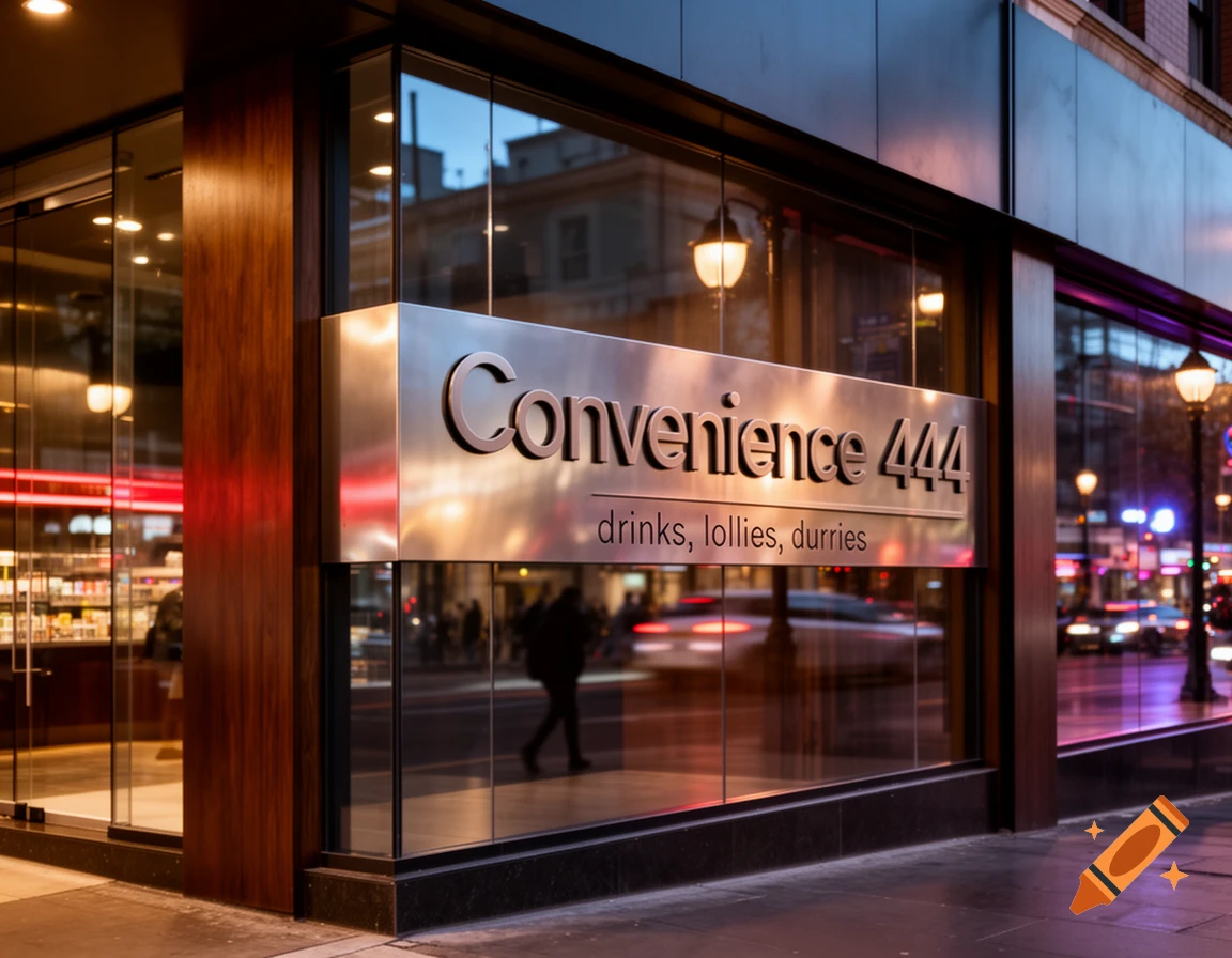 A modern convenience store named 'Convenience 444' with large glass windows reflecting city lights at dusk.