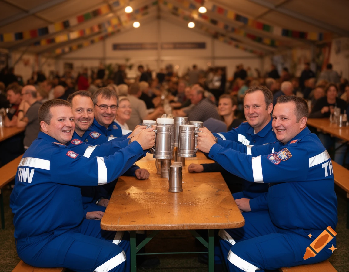 Four men in blue uniforms smiling and clinking metal beer steins at a long wooden table in a festive tent.