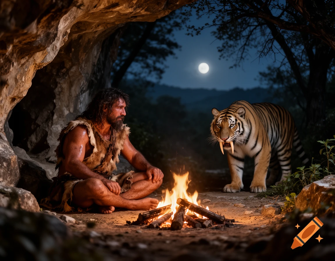 A prehistoric man sits by a campfire in a cave entrance at night, observed by a sabre-toothed tiger.