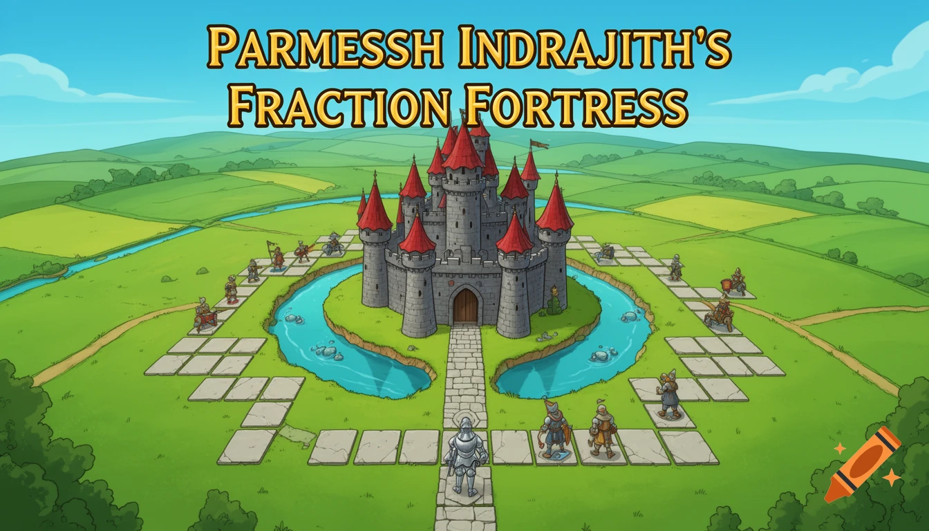 Cartoon board game map: a medieval castle with red roofs, surrounded by a moat, knights on grid tiles, green fields. Title: "Parmessh Indrajith's Fraction Fortress".