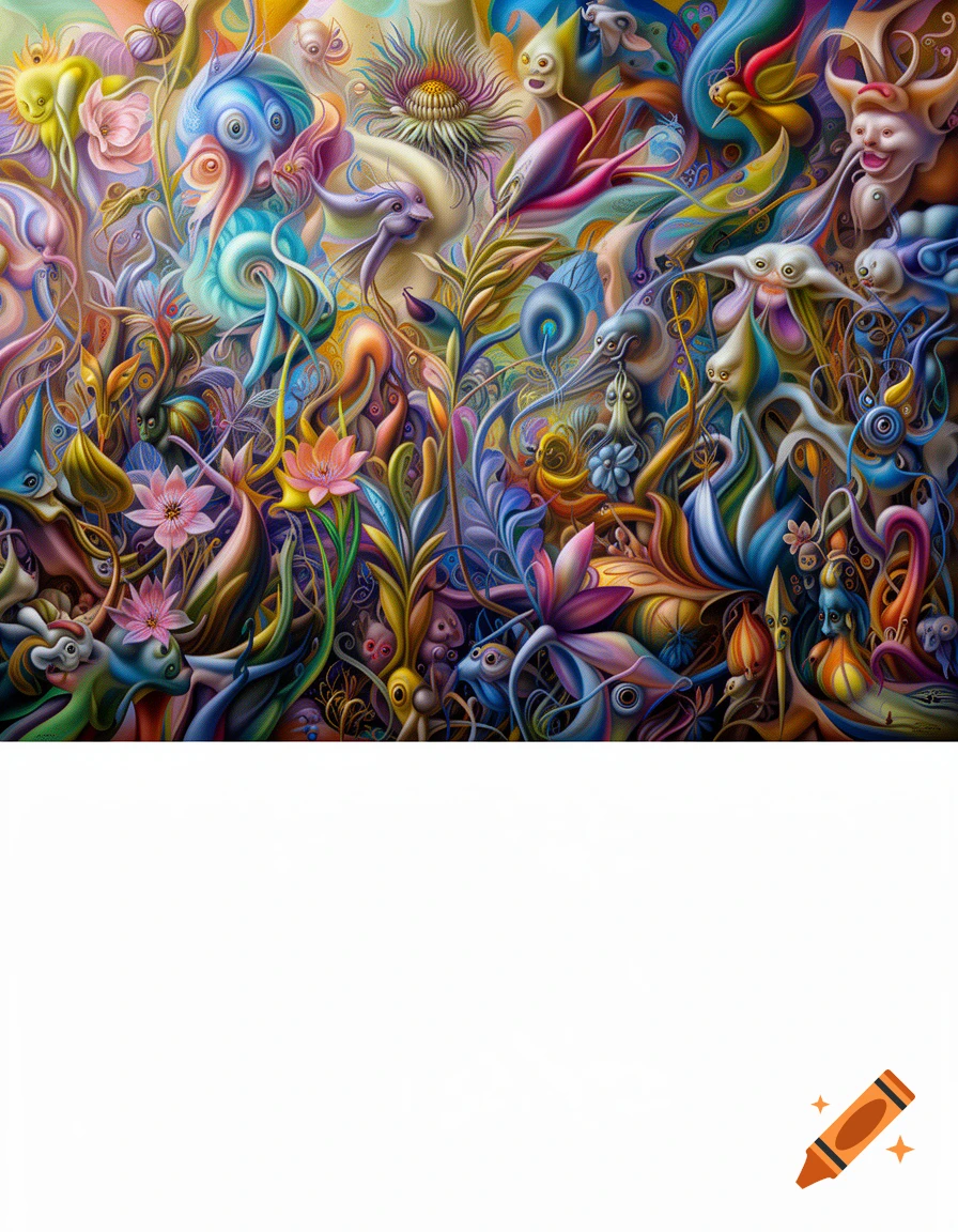 Vibrant, detailed abstract art illustration of colorful, fantastical plants and creatures, with a white bar at the bottom.