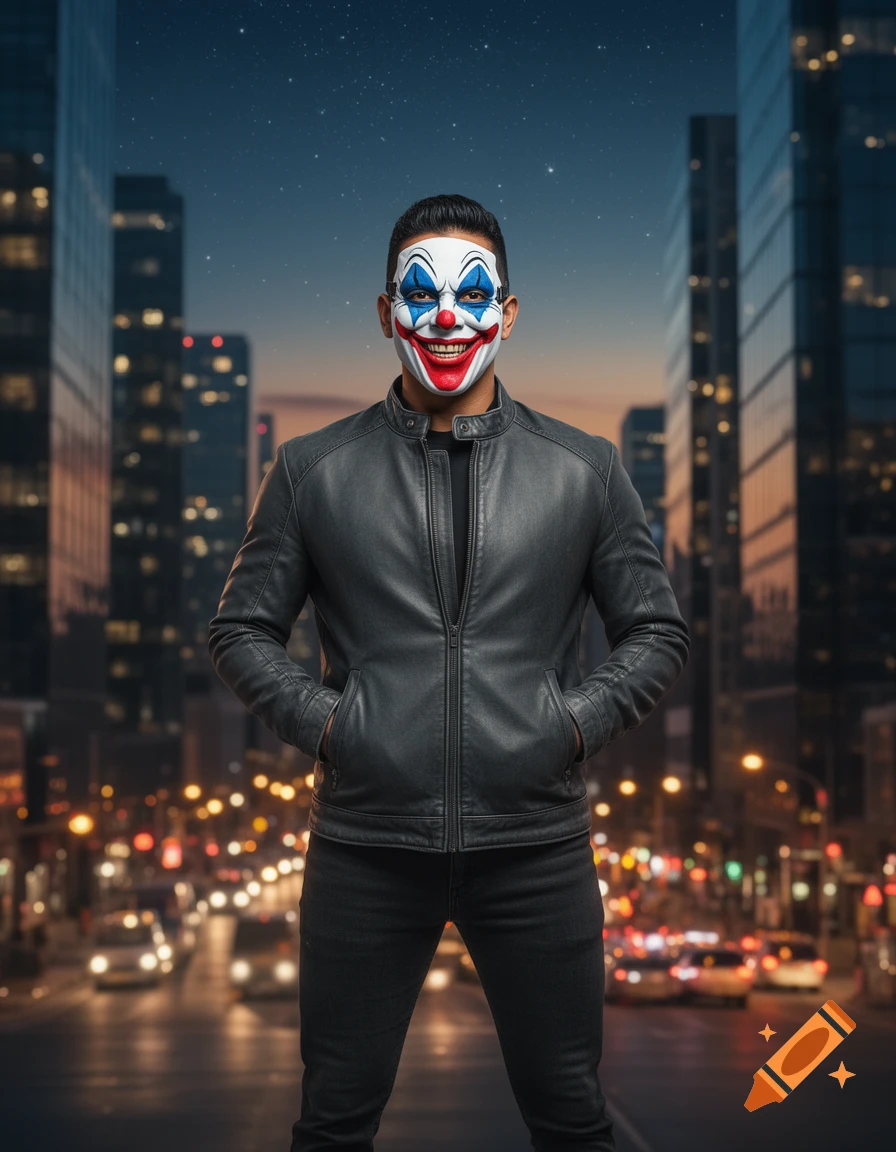 Photorealistic image of a man in a clown mask, black leather jacket, and black pants, standing on a city street at night with blurry lights.
