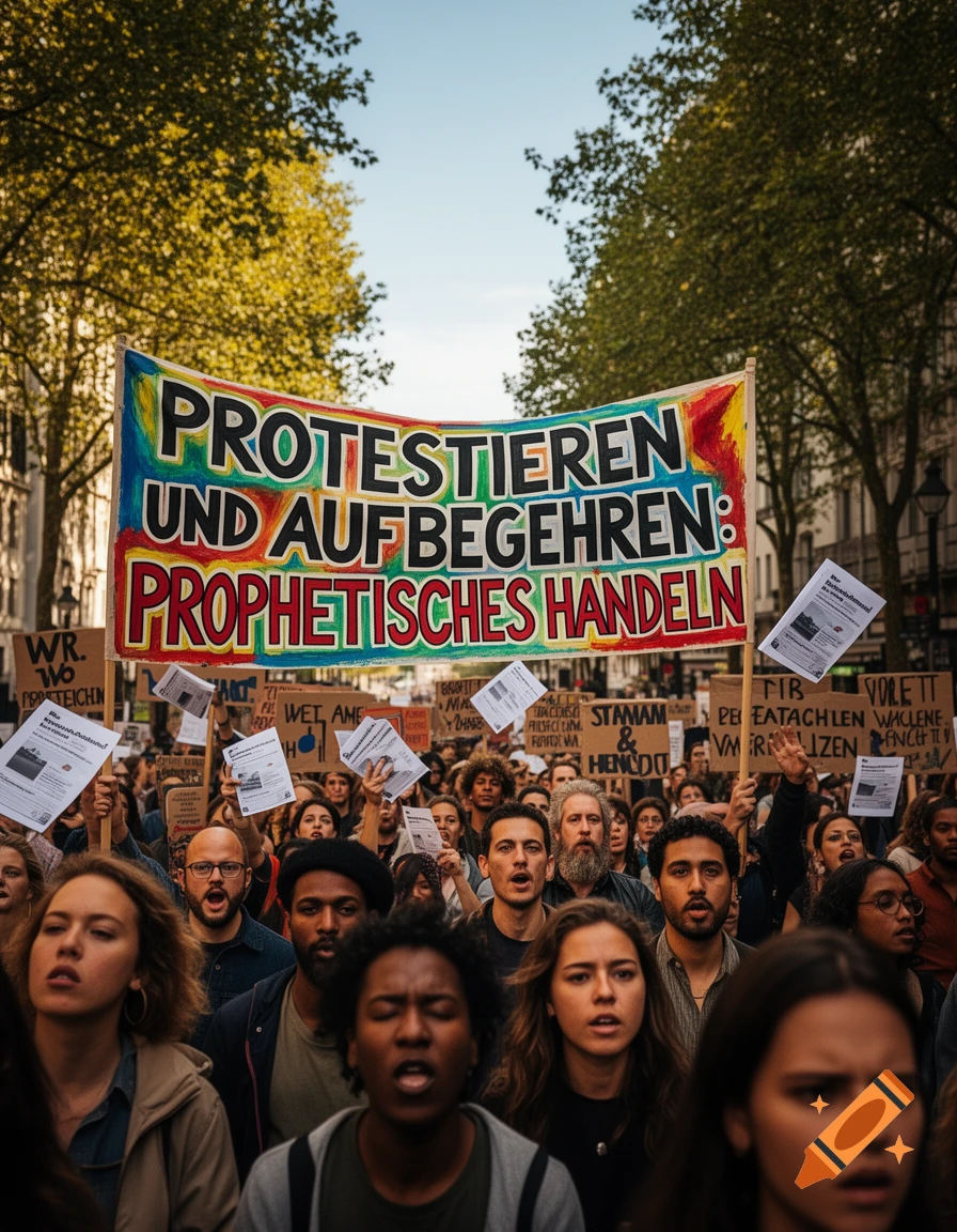 A photorealistic image of a large crowd protesting, holding a colorful banner with German text, and many other signs.