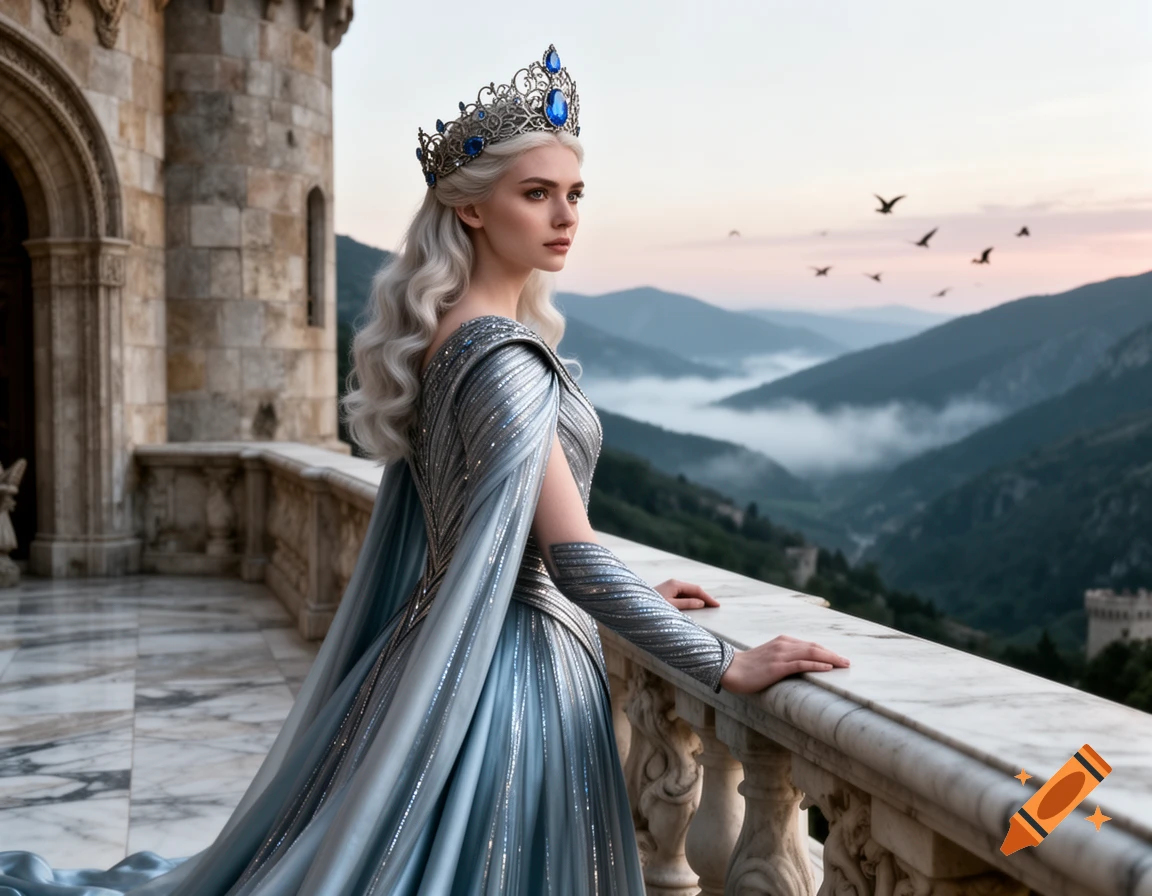 A photorealistic image of a woman with long white hair and a crown, looking out over a mountainous valley from a castle balcony.