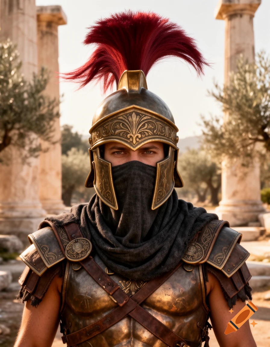 A warrior wearing ancient Greek-style bronze armor, a helmet with a red plume, and a black face covering stands before stone ruins and olive trees.