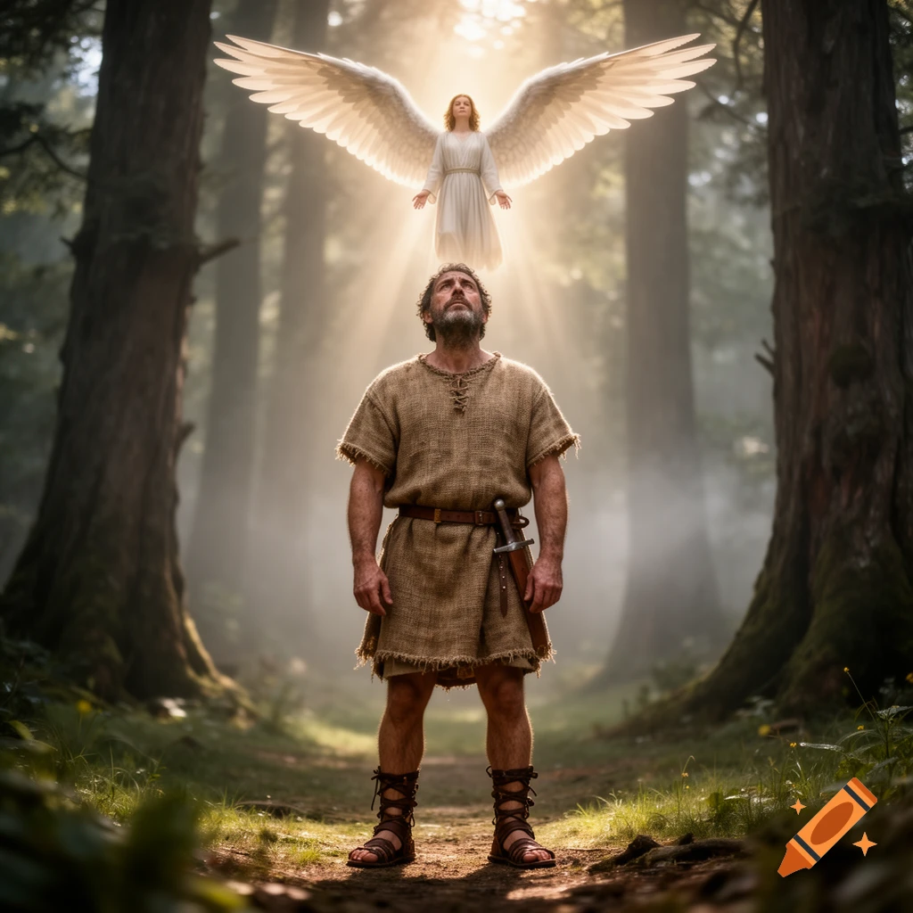 A man in ancient robes and sandals looks up at a glowing angel with outstretched wings in a mystical, sunlit forest. Photorealistic.