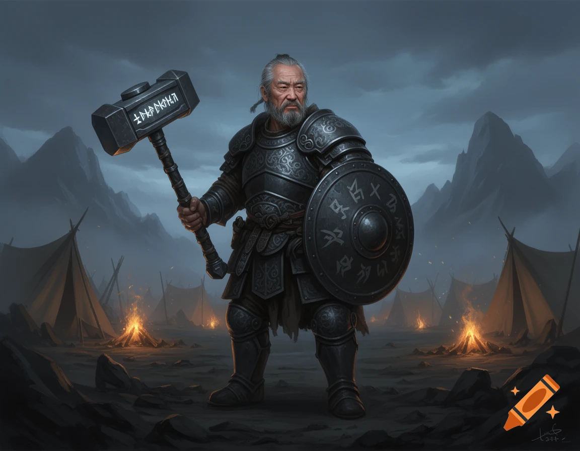 An older, bearded Asian warrior in dark armor holds a warhammer and shield in a gloomy camp landscape with tents and campfires.