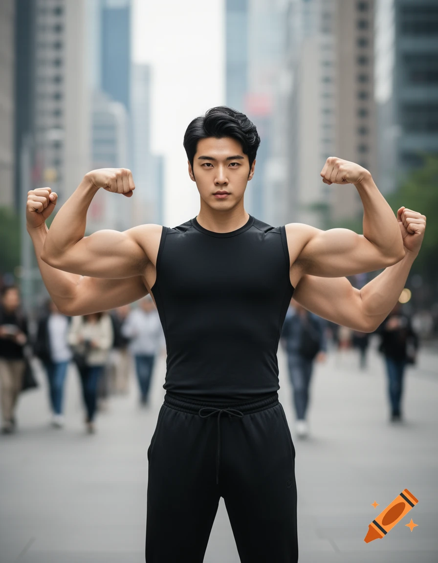 A young, muscular Korean man with four arms, wearing a black tank top and sweatpants, flexing his biceps on a city street.