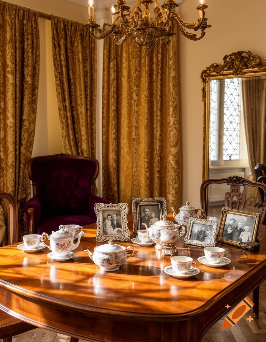 A vintage room with a wooden table, golden curtains, and a chandelier, set with a floral tea set and framed black and white photos.