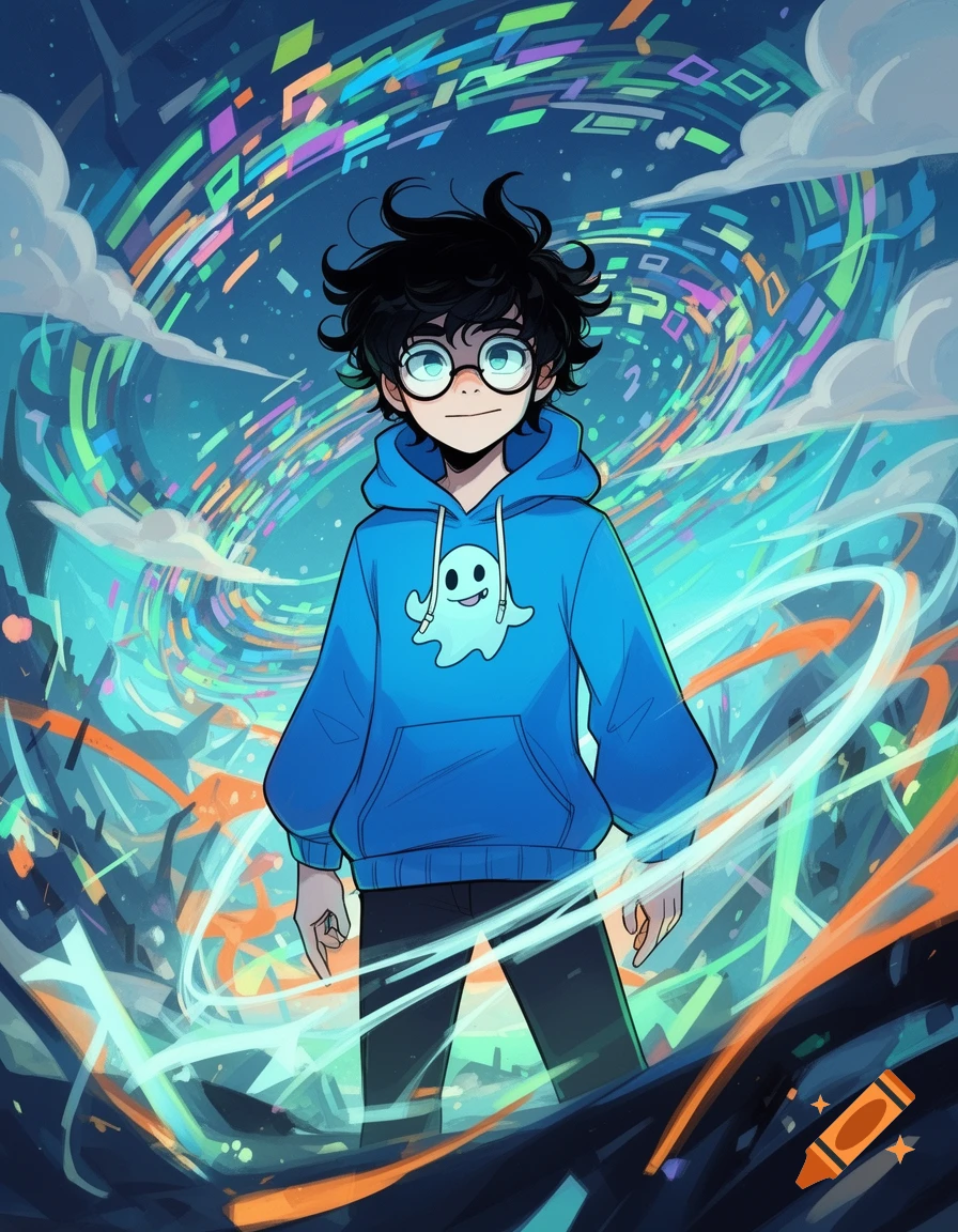 Anime illustration of a young man in glasses and a blue hoodie with a ghost logo, standing in a vibrant, abstract, digital world.