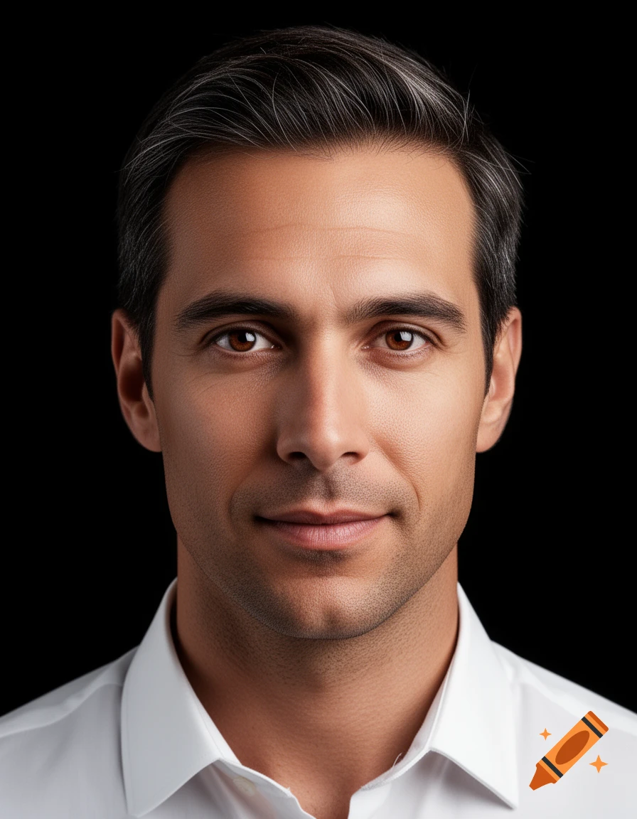 Photorealistic portrait of a man with dark hair and brown eyes, wearing a white collared shirt against a black background.