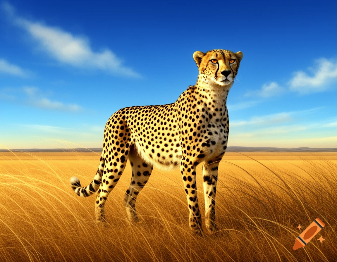 A photorealistic cheetah stands in tall golden grass under a bright blue sky with a few clouds.
