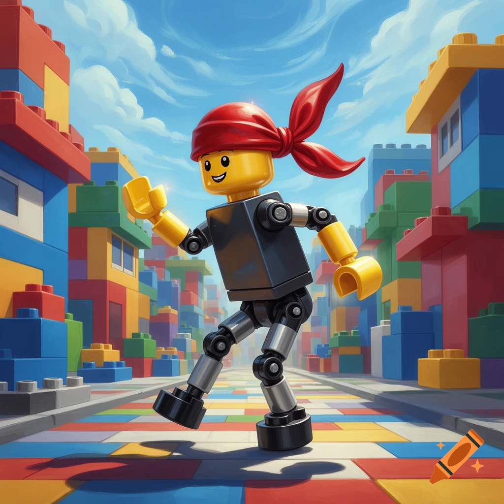 A Lego figure wearing a red bandana dances in a vibrant city made of colorful Lego blocks under a blue sky.