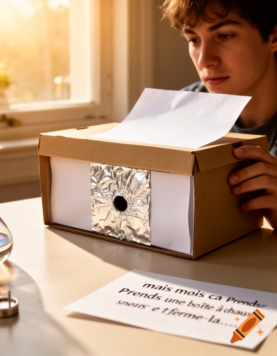 A young man assembling a pinhole camera from a cardboard box with foil over a hole and paper inside, next to instructions.