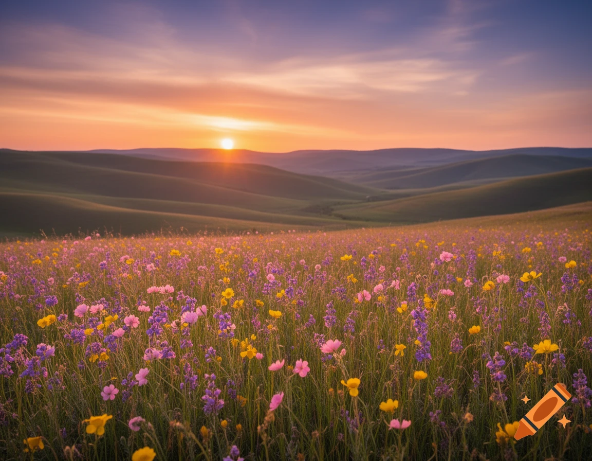 A vibrant field of purple and yellow wildflowers stretches under a dramatic sunset with rolling hills in the background.