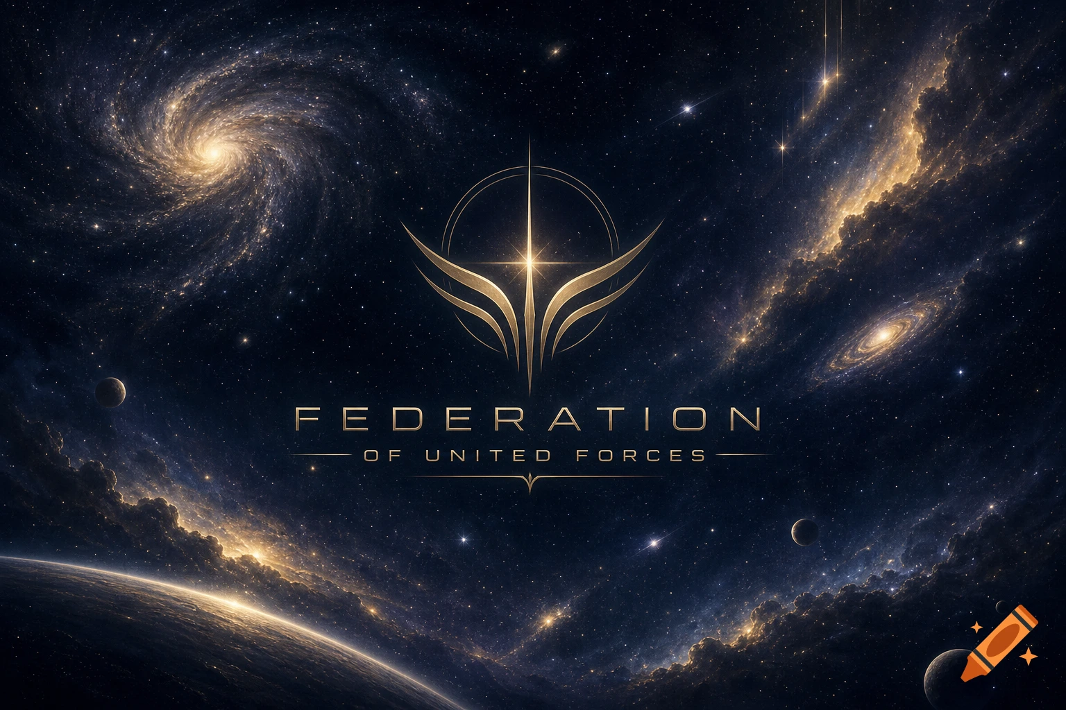 A galactic space scene with spiral galaxies, nebulae, planets, and stars, featuring a prominent gold stylized logo and the text 'FEDERATION OF UNITED FORCES'.