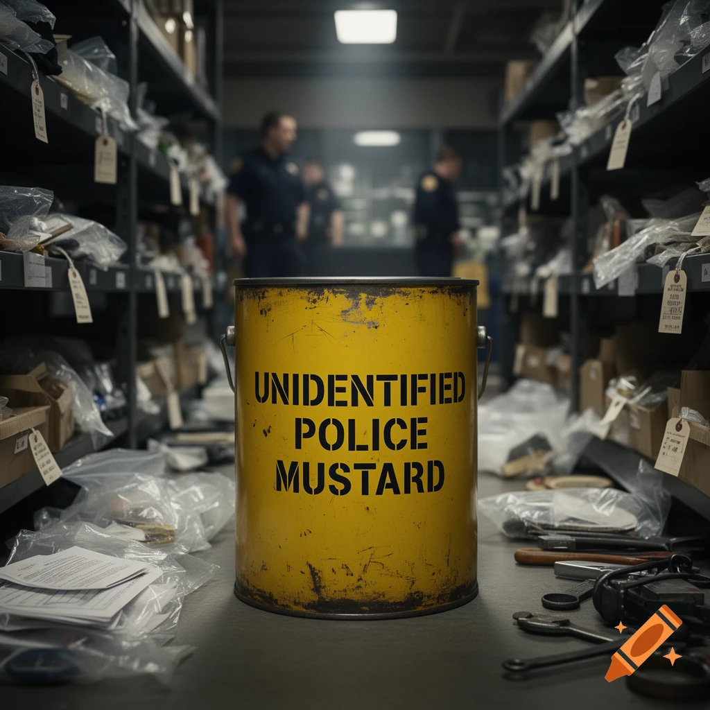 A yellow can labeled 'UNIDENTIFIED POLICE MUSTARD' in a police evidence room with officers in the background.