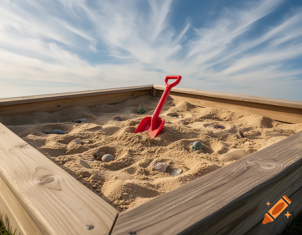 Wooden sandbox filled with sand, a red shovel, and various shells and pebbles, under a blue sky with wispy clouds.