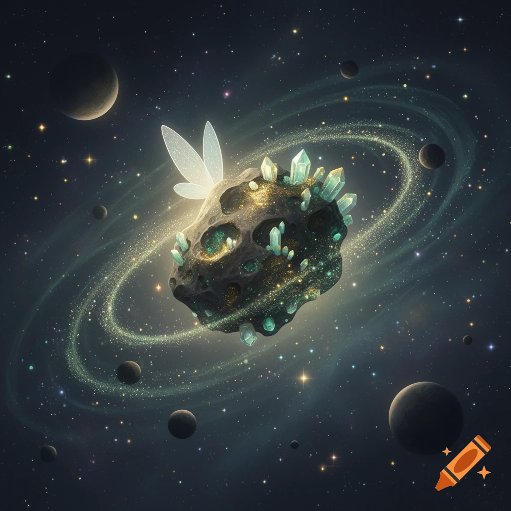 A celestial asteroid with sparkling blue crystals and luminous fairy wings, surrounded by a glittery ring in deep space with planets and stars.