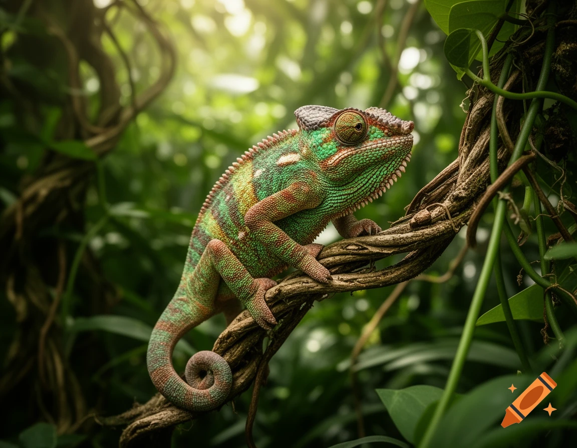 A vibrant green and red chameleon with intricate scales perches on a twisted branch in a sunlit, lush green jungle.