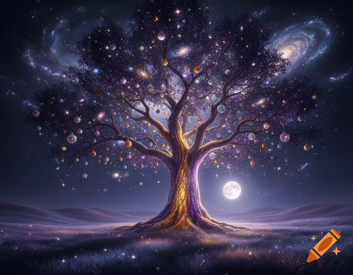 A vibrant cosmic tree with a glowing trunk, its branches laden with stars and galaxies, stands under a full moon in a starry, ethereal landscape.