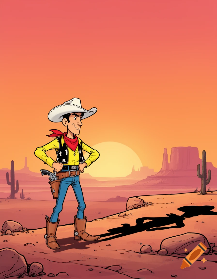 Cartoon of Lucky Luke in a desert landscape at sunset, with a stylized shadow.