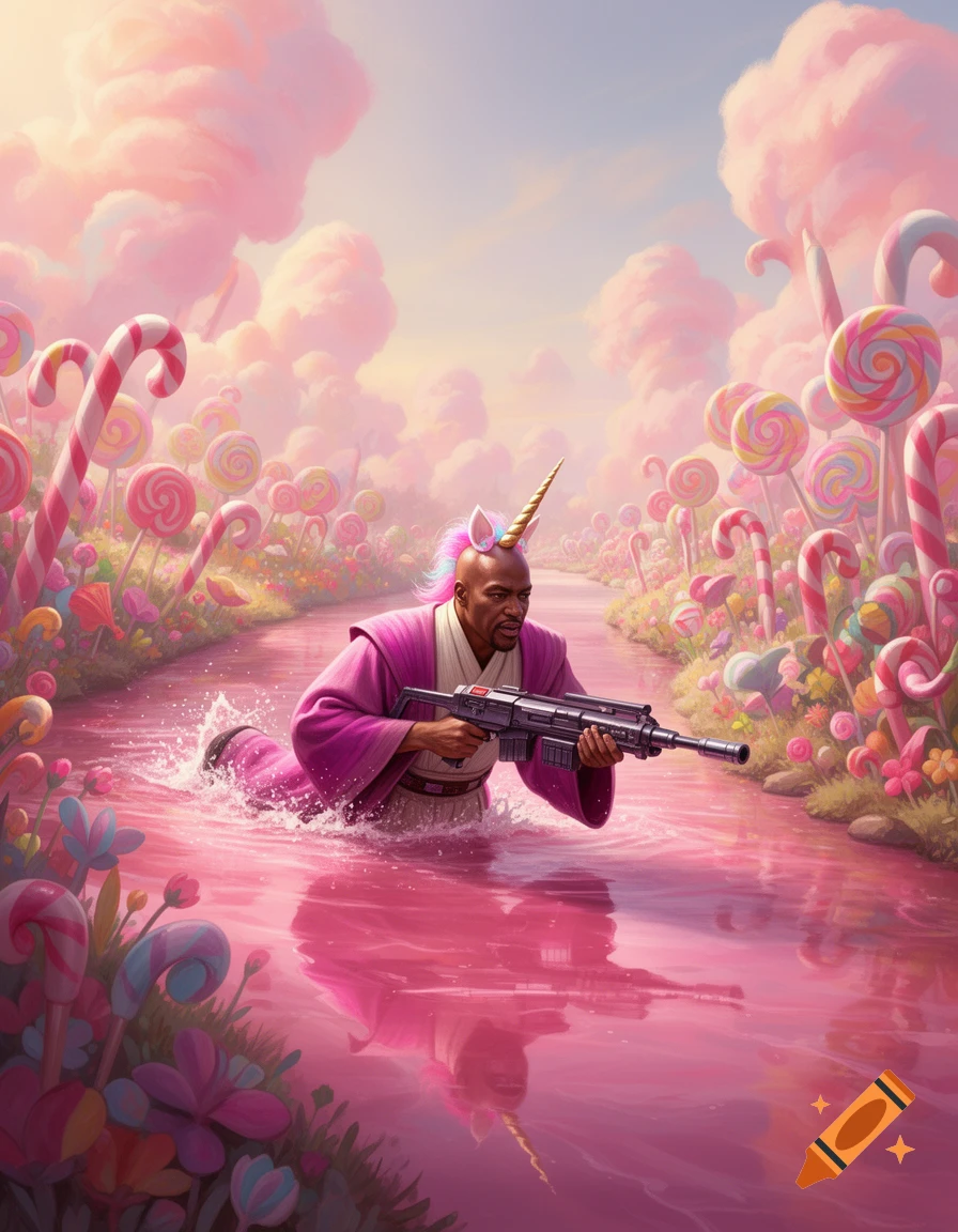 A man resembling Mace Windu, wearing pink robes and a unicorn horn, wades through a pink river in a vibrant candy land, holding a machine gun.