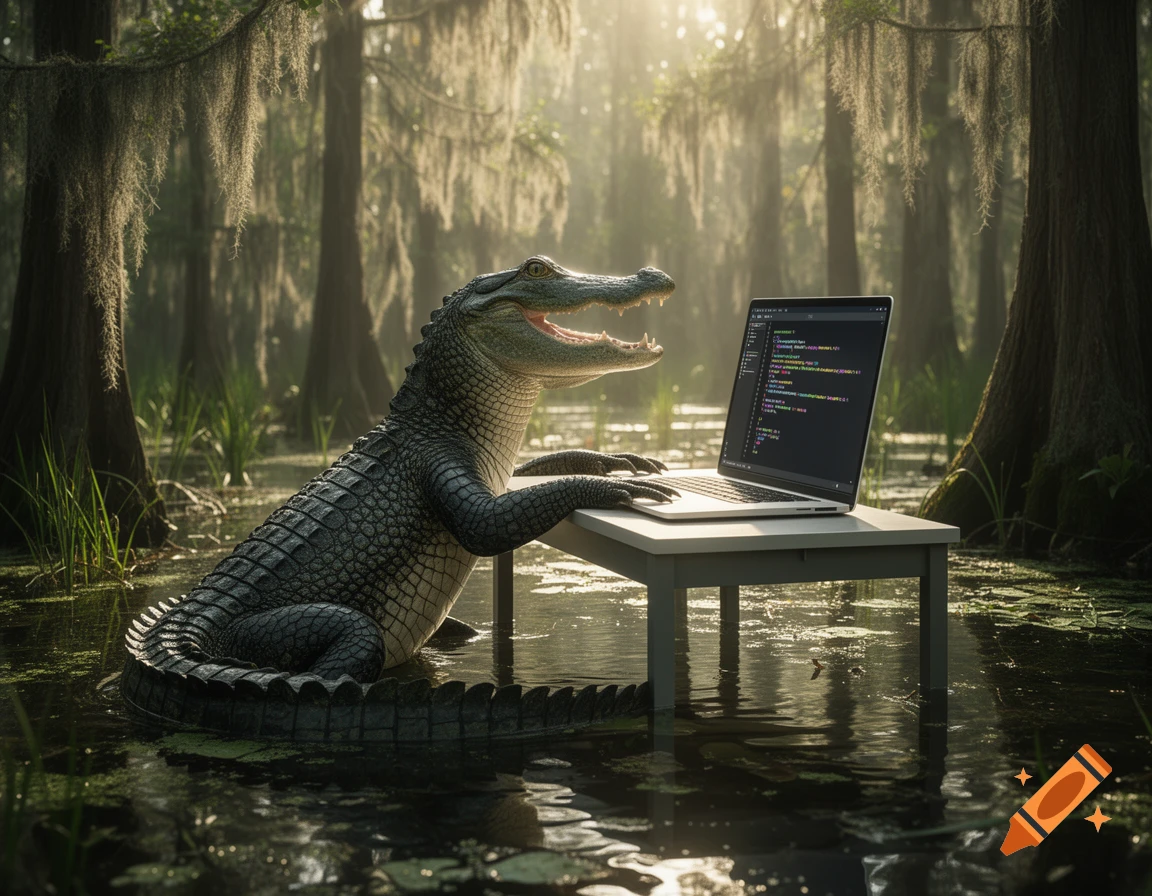 A photorealistic alligator programs on a laptop at a table in a misty swamp with cypress trees.